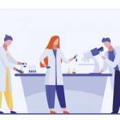 illustration de trois docteurs dans un laboratoire, avec des microscopes