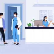 illustration de l'accueil d'un hôpital avec un médecin, une infirmière et des patients